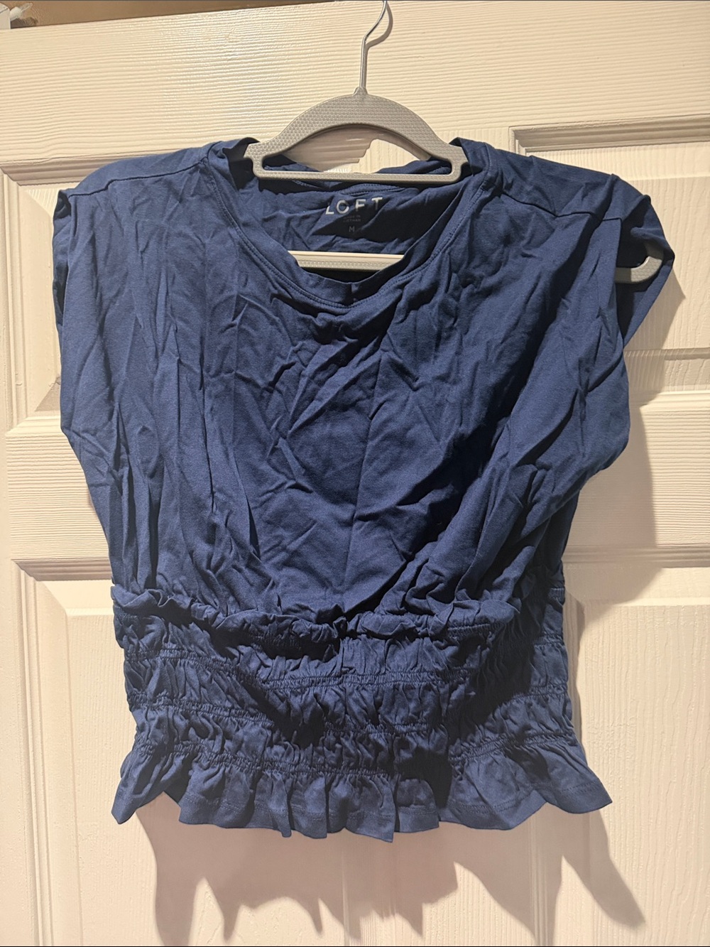 LOFT Navy Short Sleeve Ruched Peplum Top